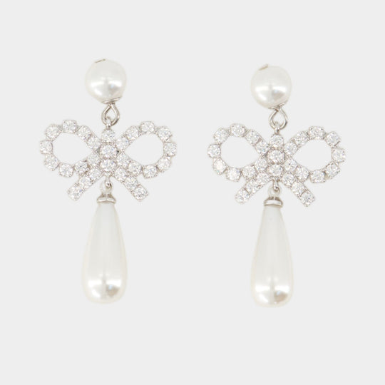 Pearl Bow Droplet Earrings - SELF PORTRAIT - Silver - White