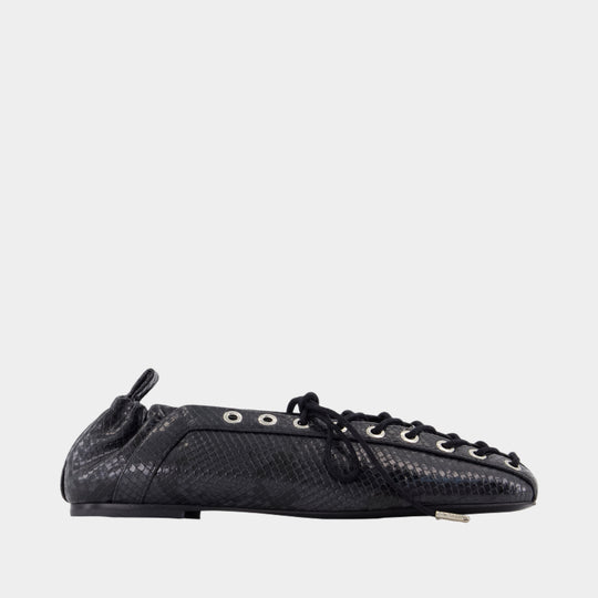 Eyelets Lace Up Snake Ballerinas - Ganni - Synthetic - Black
