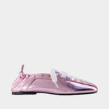 Eyelet Lace Up Crinkle Ballerinas - Ganni - Synthetic - Pink