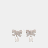 Crystal Bow Pearl Droplet Earrings - SELF PORTRAIT - Metal - Silver