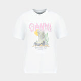 Basic Cotton Jersey T-Shirt Boots Print - Ganni - Cotton - White