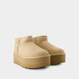 W Classic Ultra Mini Platform 沙色皮质踝靴