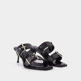 黑色牛皮金属搭扣高跟凉鞋