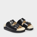 Hybrid Sandal黑色牛皮羊羔毛金属扣拖鞋