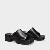 Miista Eileen Raven 厚底拖鞋 黑色光面牛皮木底方头鞋半拖鞋