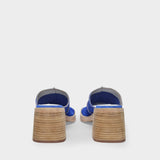 Miista Mildred 蓝色帆布拖鞋 方头粗跟撞色缝线高跟鞋夏季新款