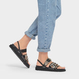 Toga Pulla 饰金属系带黑色平底皮凉拖鞋正品