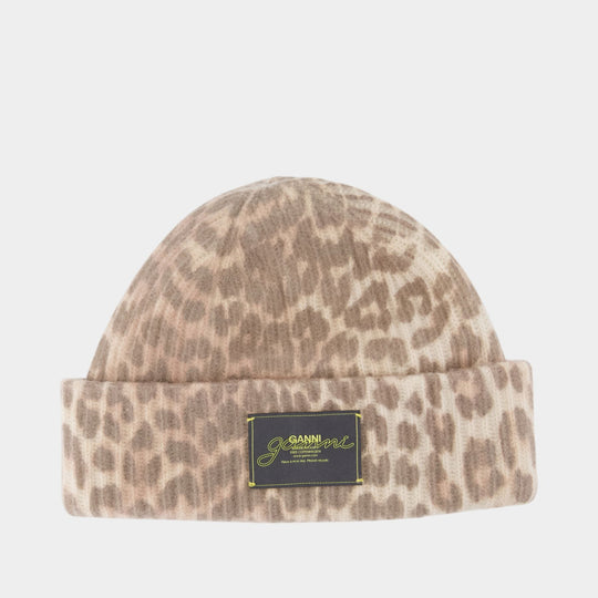 Graphic Leopard Beanie - Ganni - Wool - Printed