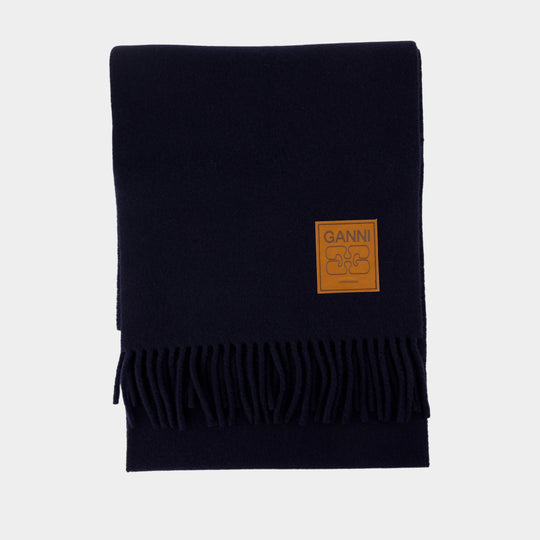 Double Face Solid Scarf - Ganni - Wool - Black