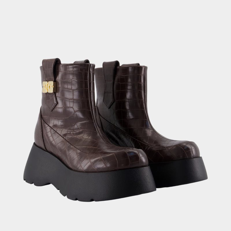 Kat Low Croco Ankle Boots - Ganni - Leather - Brown
