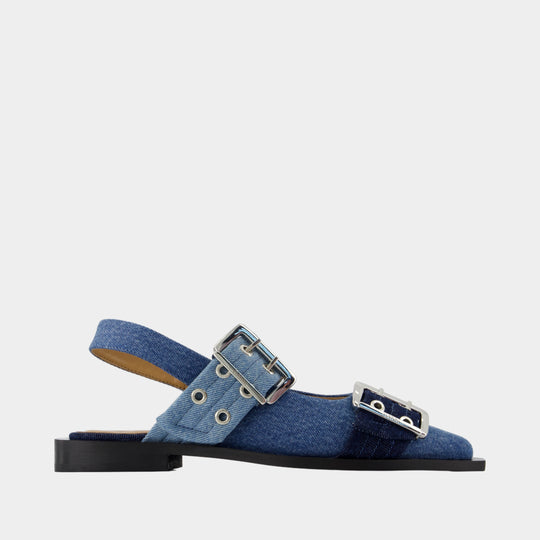 Feminine Buckle Ballerinas - Ganni - Cotton - Blue