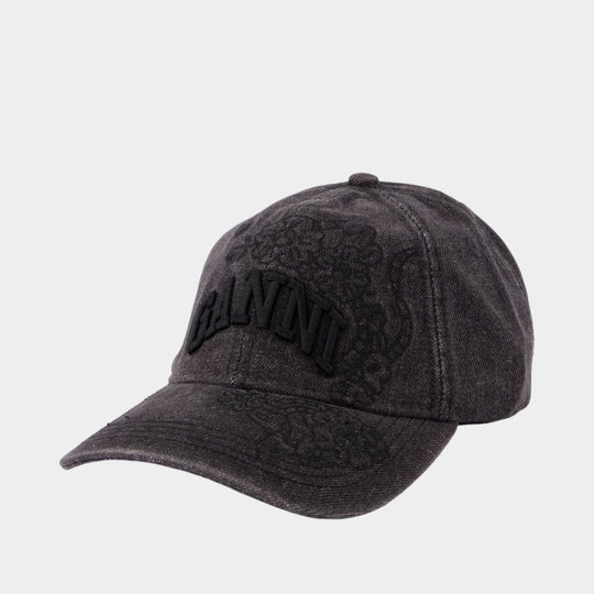 Washed Embroidery Cap - Ganni - Cotton - Black