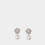 Mini Crystal Flower Earrings - SELF PORTRAIT - Pearl - Silver