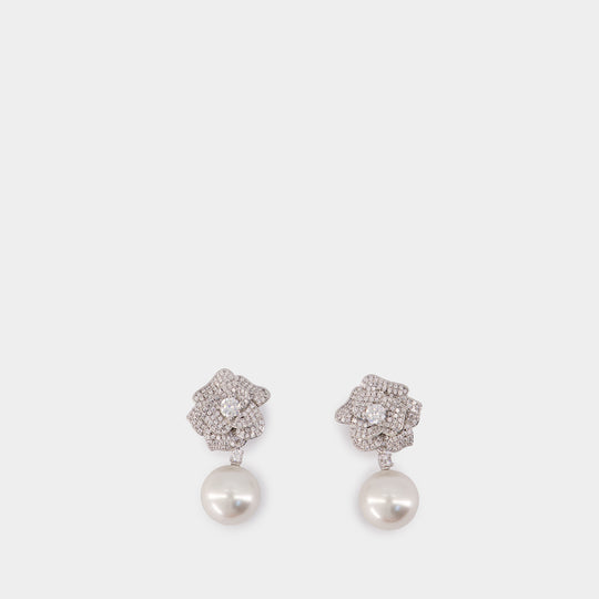 Mini Crystal Flower Earrings - SELF PORTRAIT - Pearl - Silver