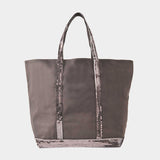 Canvas and Sequin Tote Bag L + Zipped in Charcoal Cotton