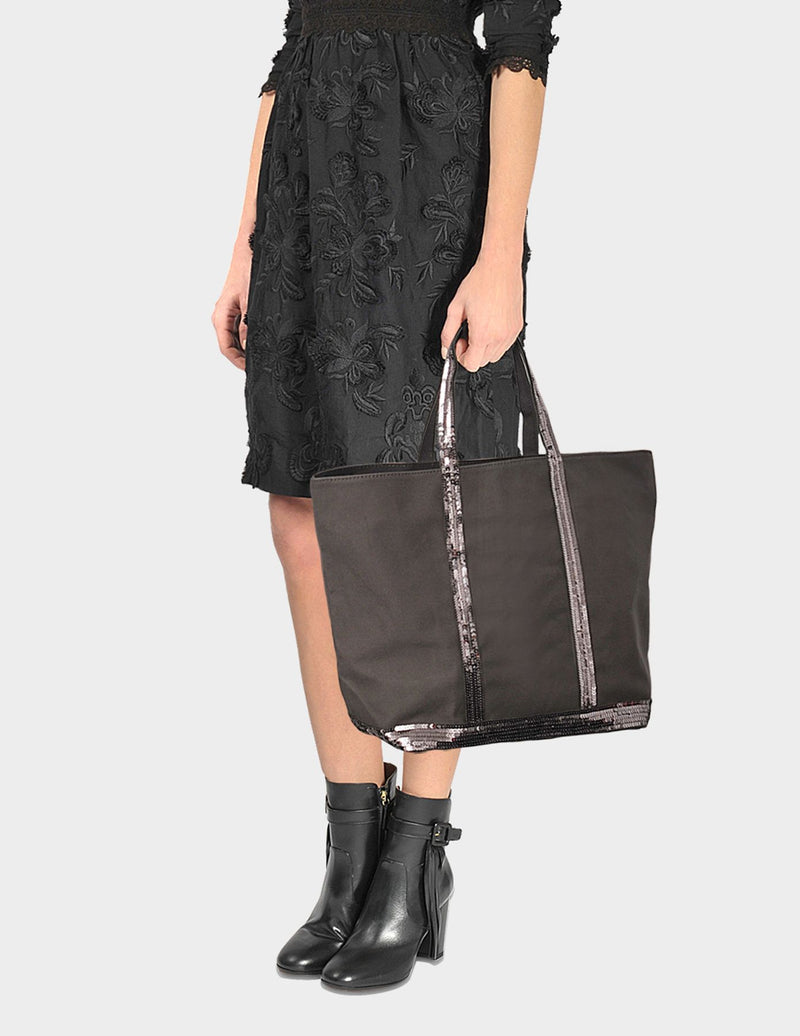 Canvas and Sequin Tote Bag L + Zipped in Charcoal Cotton