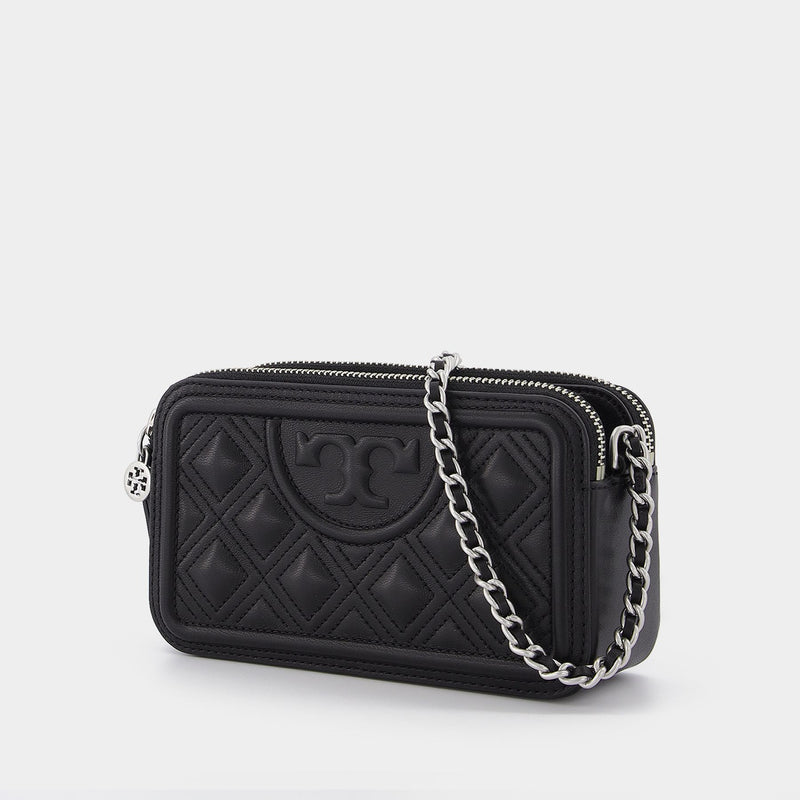 Fleming Double-Zip Mini Hobo Bag - Tory Burch -  Black/Silver - Leather