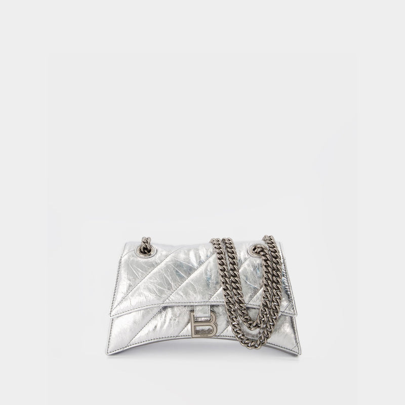 Crush Bag With Chain in Metallic Silver Leather