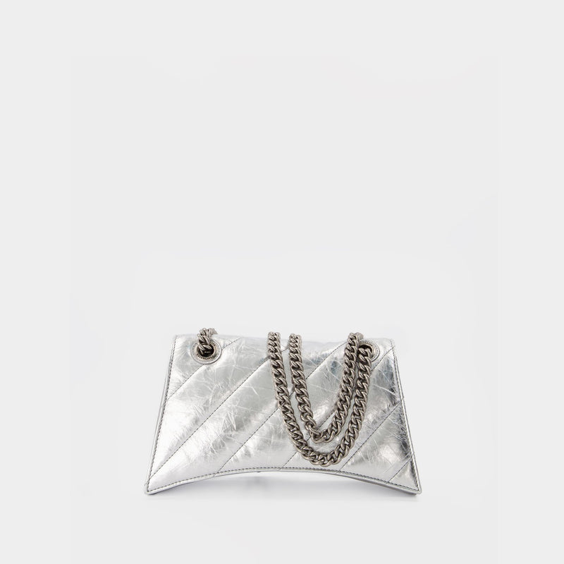 Crush Bag With Chain in Metallic Silver Leather