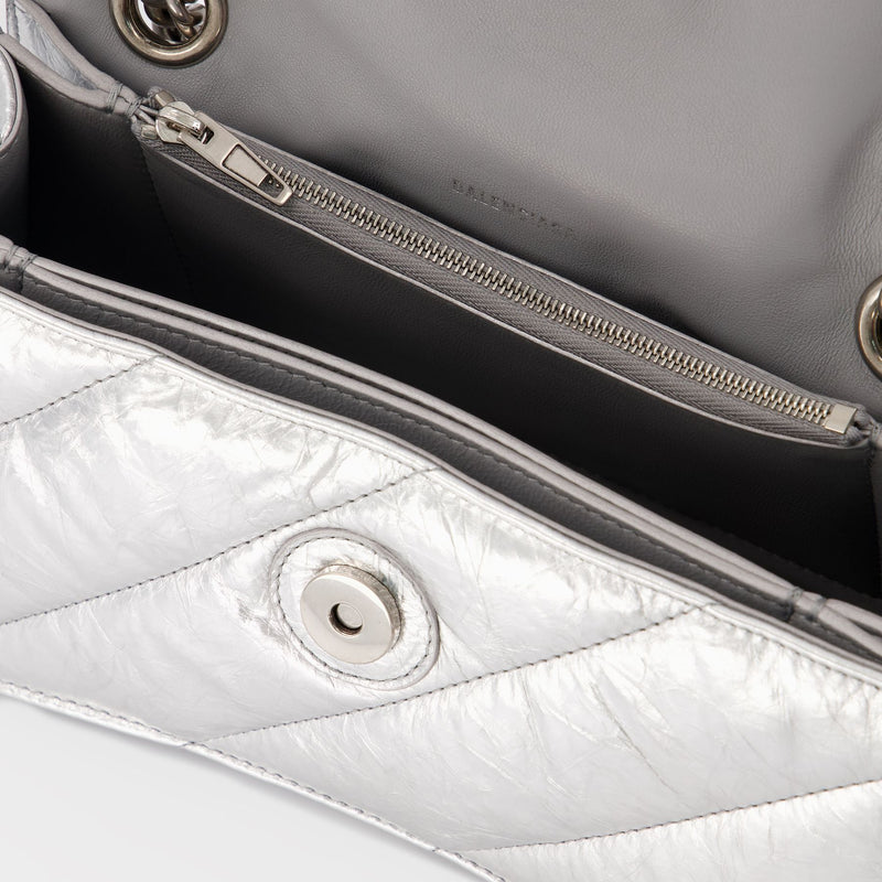 Crush Bag With Chain in Metallic Silver Leather