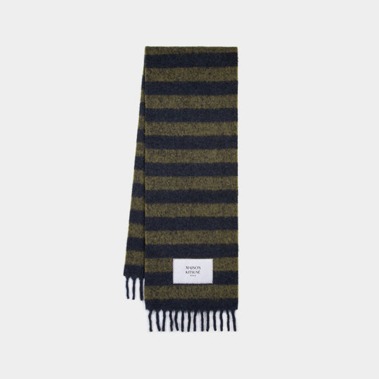 Maison Kitsune Echarpe Rugby Stripes 蓝色/卡其色羊毛围巾