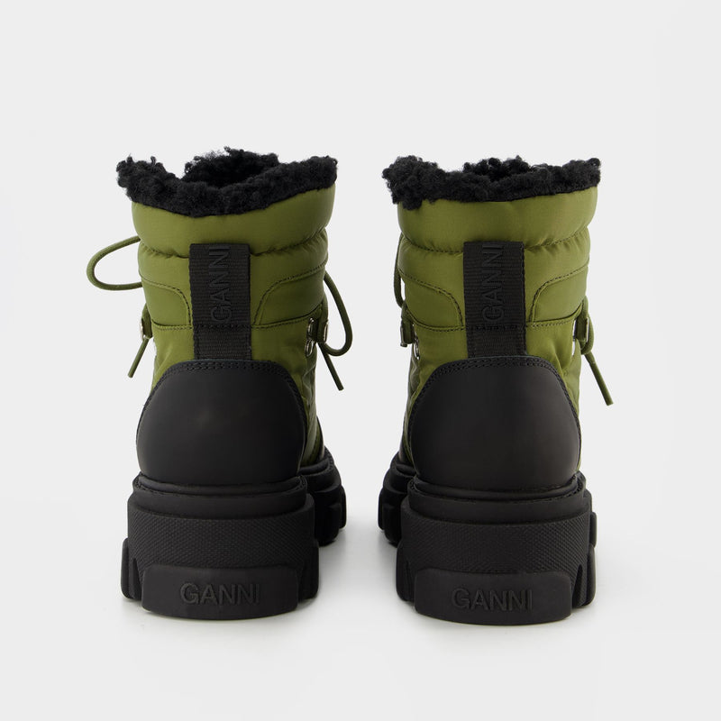 Ganni Cleated Hiking 光面牛皮拼尼龙面登山靴