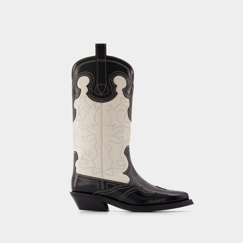 Ganni Mid Shaft Embroidered Western 皮质高筒靴