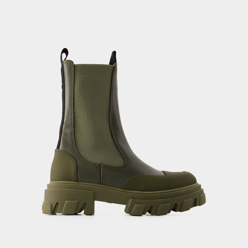 Ganni Mid Chelsea Tonal Boots 光面牛皮低跟中筒切尔西靴