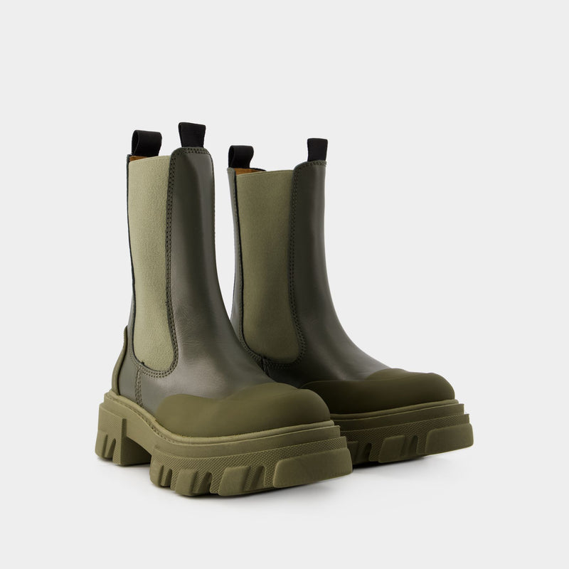 Ganni Mid Chelsea Tonal Boots 光面牛皮低跟中筒切尔西靴