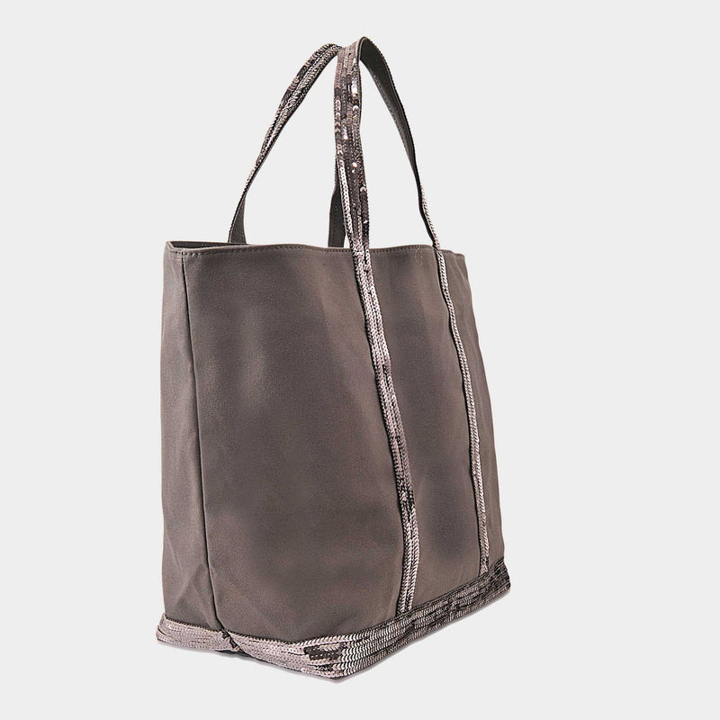 Canvas and Sequin Tote Bag L + Zipped in Charcoal Cotton