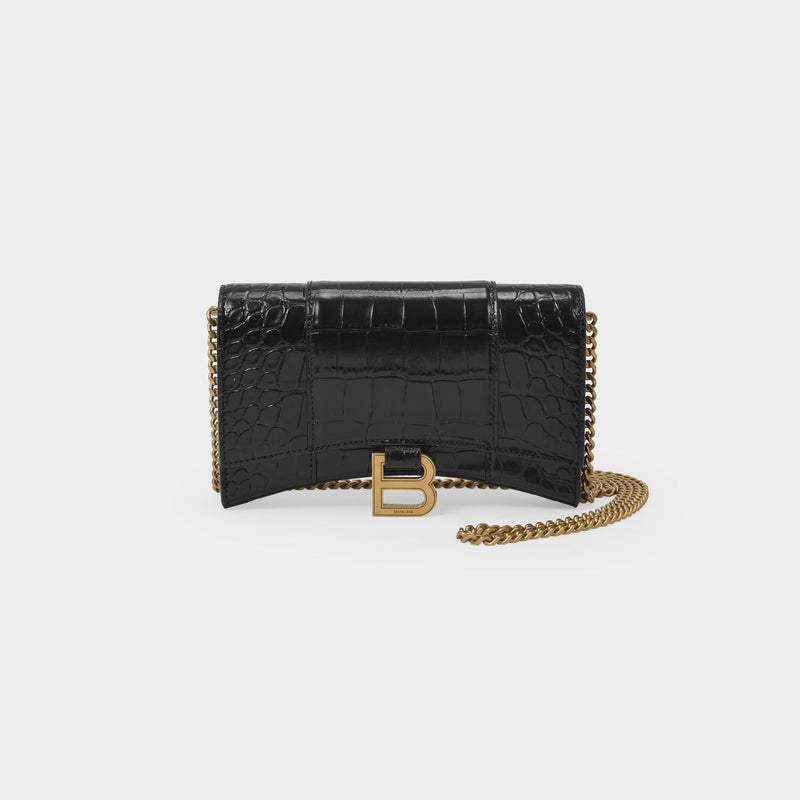 Hour Wallet Bag in Black Patent Crocodile Effet Leather