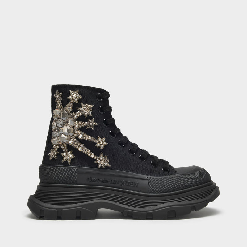 Tread Slick Sneakers in Black Canvas and Crystal Details