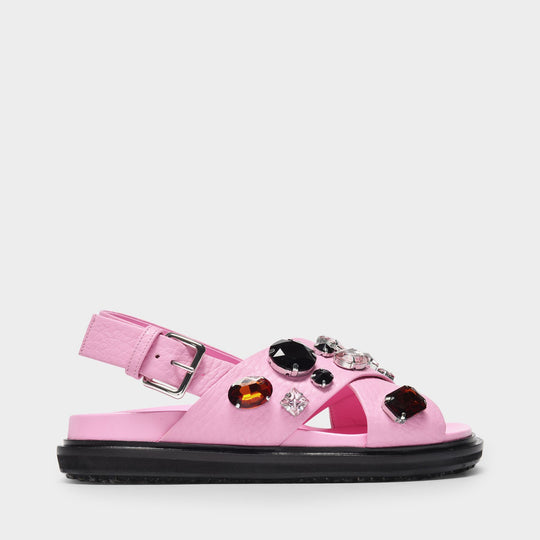 粉丝立减玛尼 Marni Fb Crossed Crystals粉色光面牛皮凉鞋平底鞋