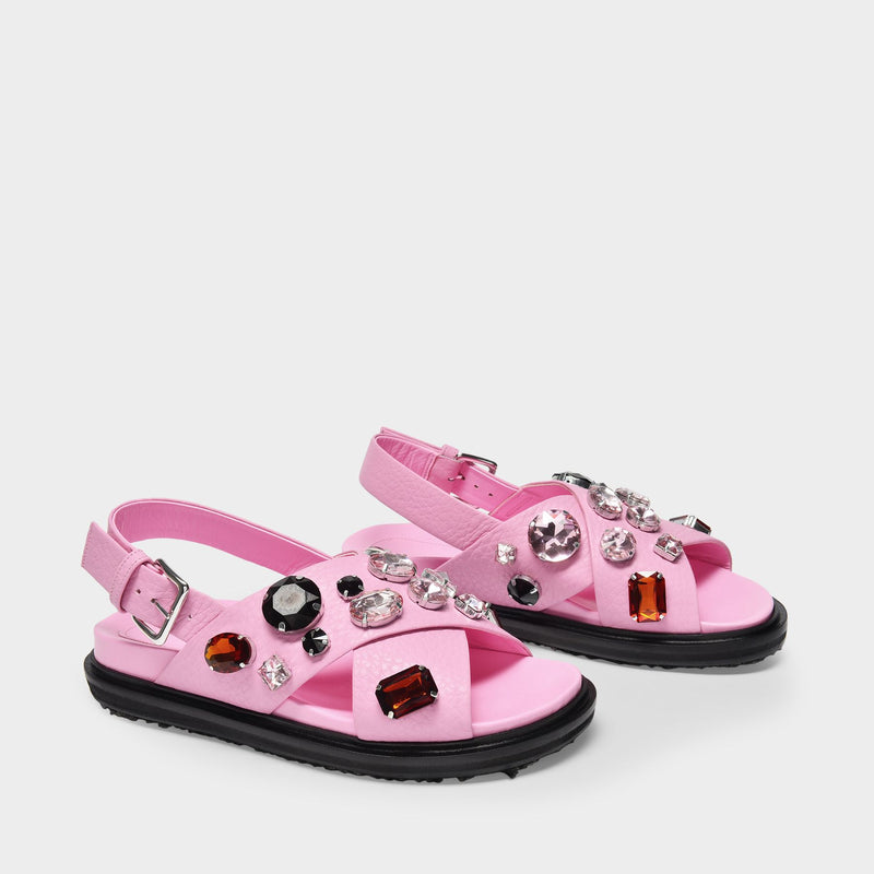 粉丝立减玛尼 Marni Fb Crossed Crystals粉色光面牛皮凉鞋平底鞋