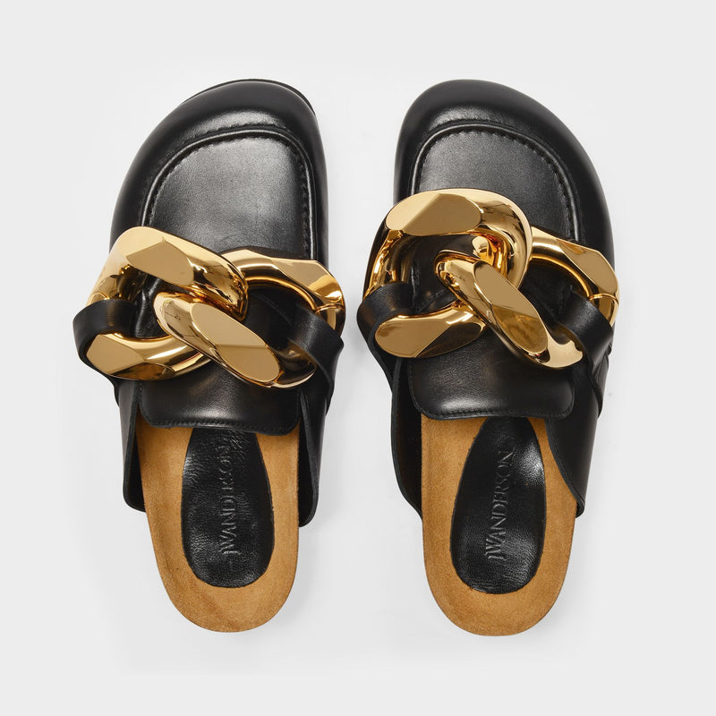 Chain Loafer Slides in Black Leather